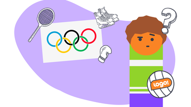 Grafik: Emo mit Fragezeichen, daneben olympische Ringe und Sportsymbole