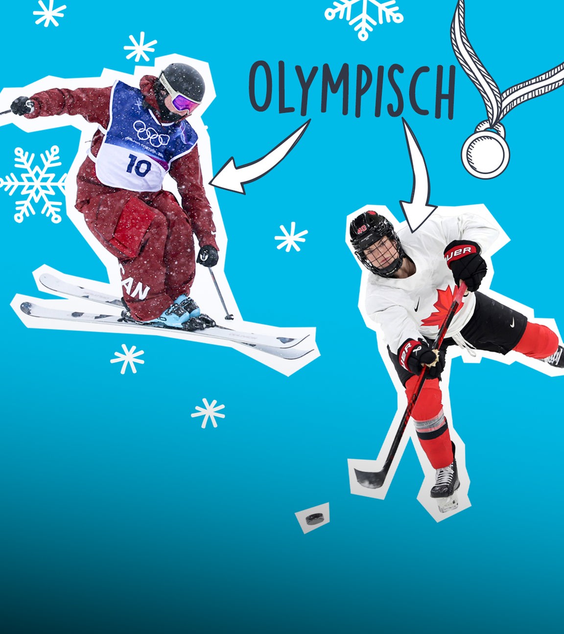 Ein Skifahrer und eine Eishockeyspielerin mit dem Schriftzug "Olympisch" auf blauem Hintergrund