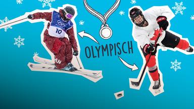 Ein Skifahrer und eine Eishockeyspielerin mit dem Schriftzug "Olympisch" auf blauem Hintergrund
