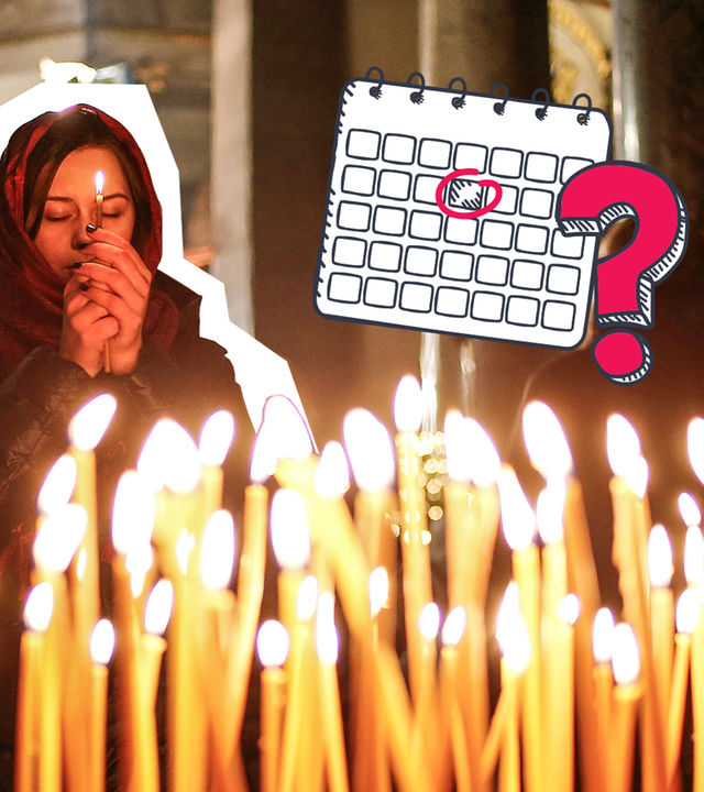 Eine Frau hält die Hände zum Gebet vors Gesicht mit geschlossenen Augen, vor ihr sind viele Kerzen, darüber ist ein Kalender und ein Fragezeichen