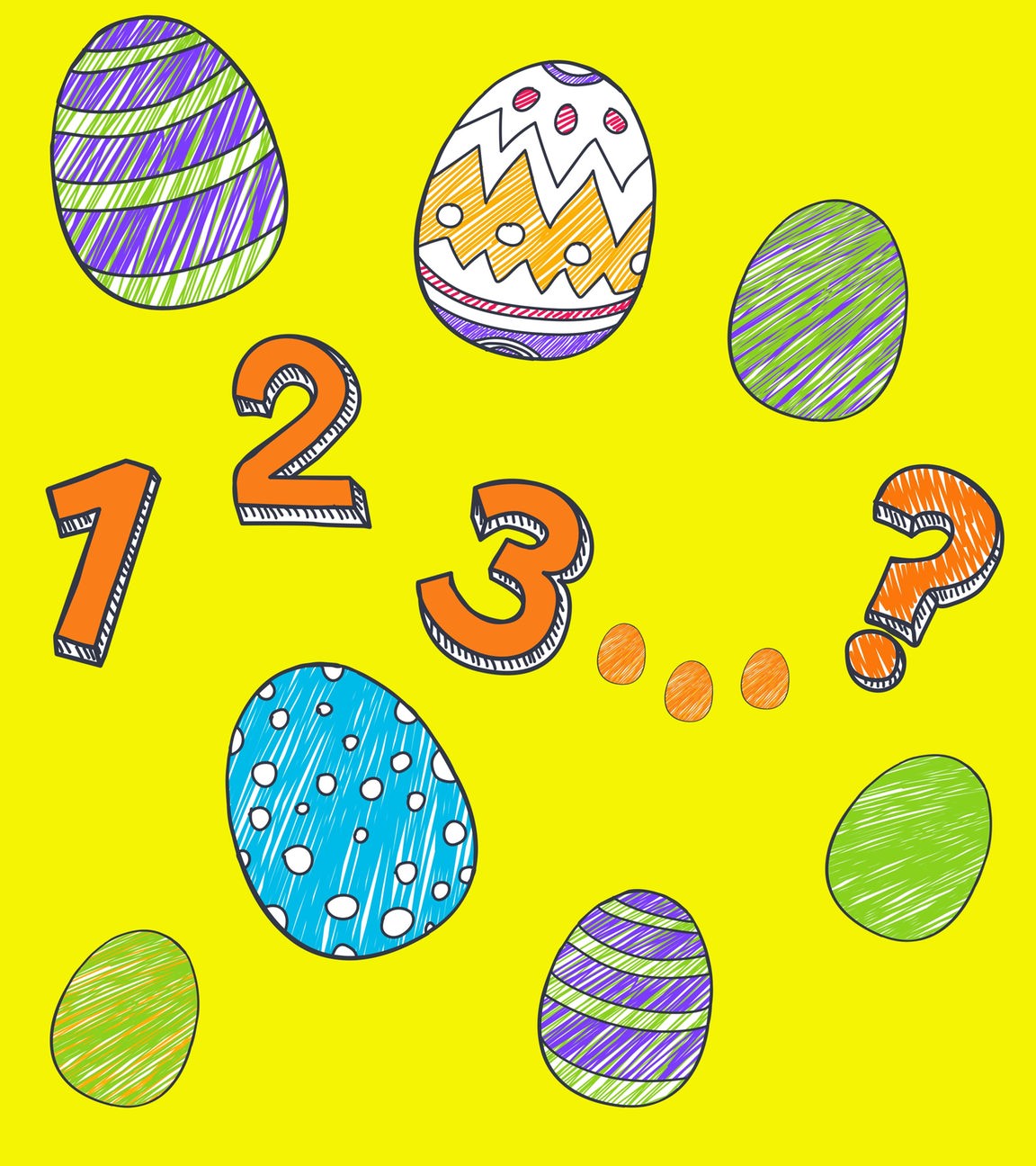 Ganz viele bunte Ostereier mit Zahlen und Fragezeichen