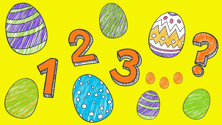 Ganz viele bunte Ostereier mit Zahlen und Fragezeichen