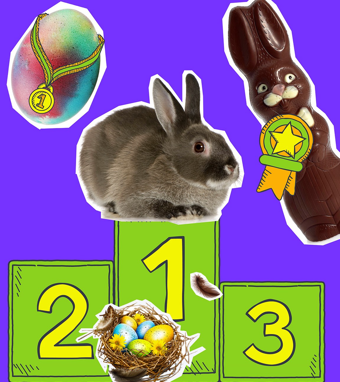 Kaninchen auf Podest, Ei mit Medaille, Osterhase mit Auszeichnung und ein Osternest