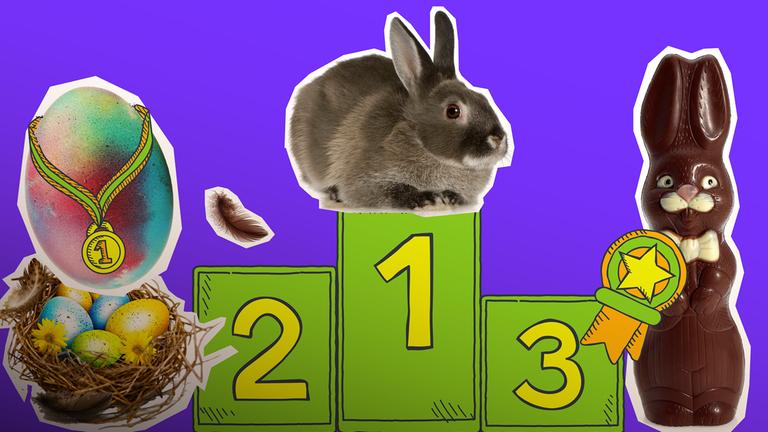 Kaninchen auf Podest, Ei mit Medaille, Osterhase mit Auszeichnung und ein Osternest