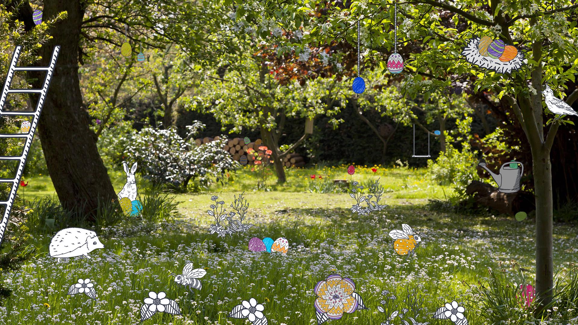 Ein Garten, in dem überall bunte Ostereier versteckt sind.