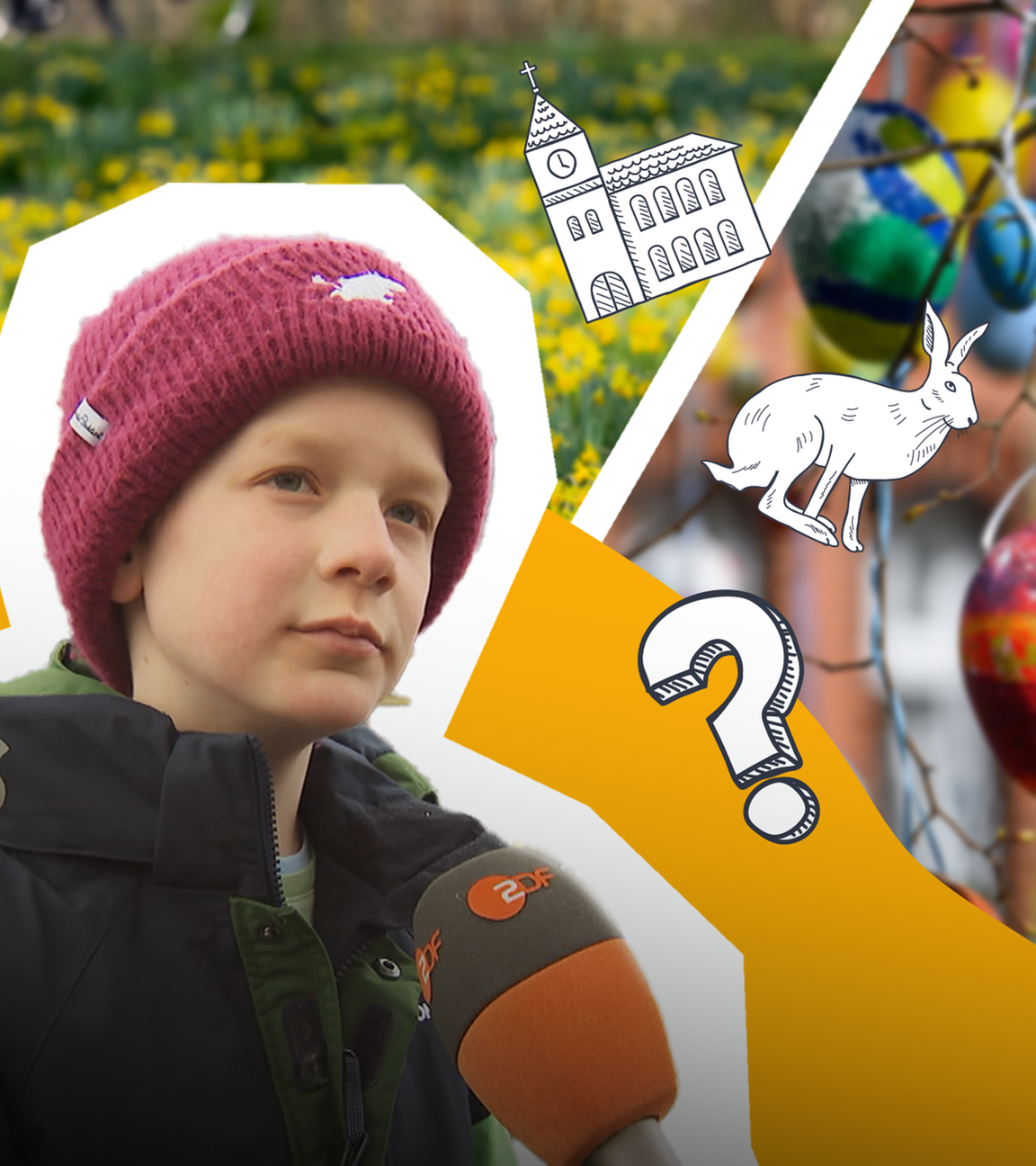 Ein Junge mit einem ZDF-Mikrofon, im Hintergrund sind Symbolbilder von einer Blumenwiese und Osterdekoration