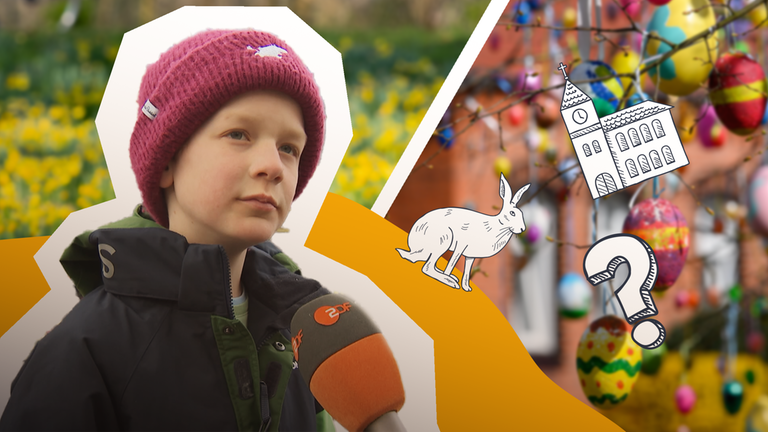 Ein Junge mit einem ZDF-Mikrofon, im Hintergrund sind Symbolbilder von einer Blumenwiese und Osterdekoration