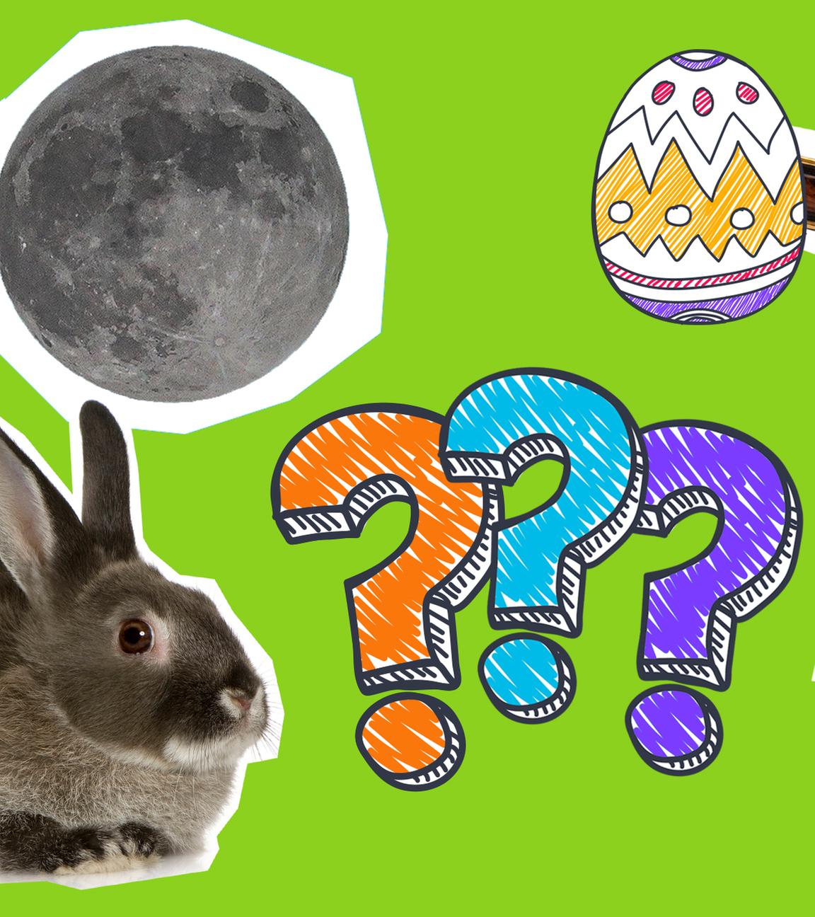 Auf einem grünen Hintergrund sind Aspekte aus dem Quiz zu erkennen: ein Osterhase, ein Kreuz, Ostereier und der Vollmond.