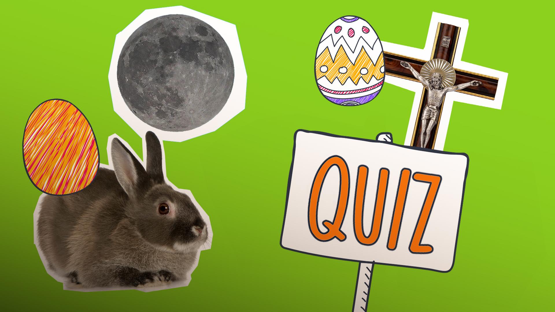 Auf einem grünen Hintergrund sind Aspekte aus dem Quiz zu erkennen: ein Osterhase, ein Kreuz, Ostereier und der Vollmond.
