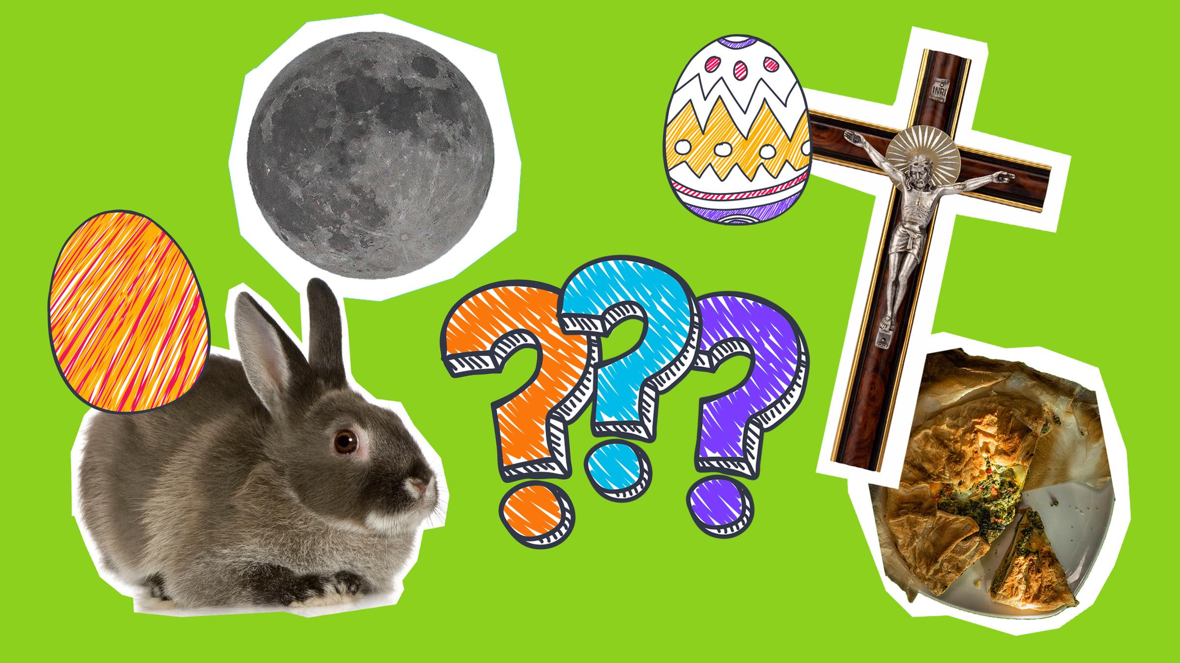 Auf einem grünen Hintergrund sind Aspekte aus dem Quiz zu erkennen: ein Osterhase, ein Kreuz, Ostereier und der Vollmond.