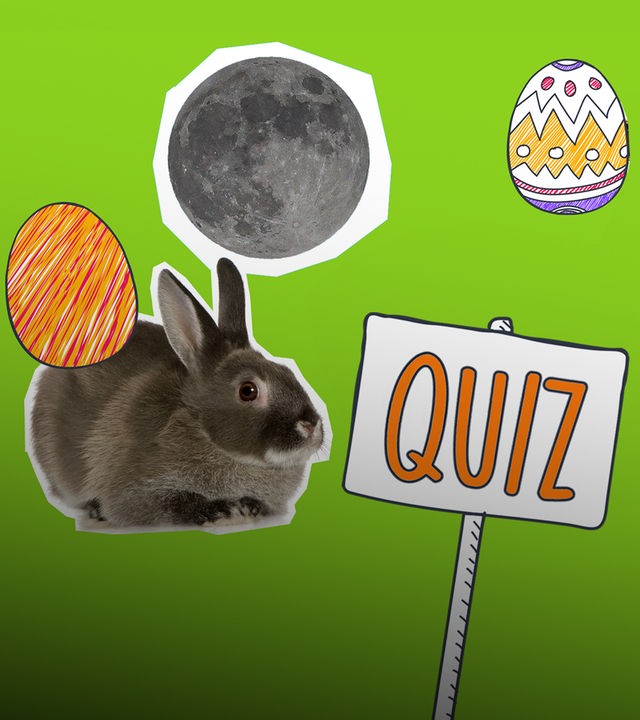 Auf einem grünen Hintergrund sind Aspekte aus dem Quiz zu erkennen: ein Osterhase, ein Kreuz, Ostereier und der Vollmond.