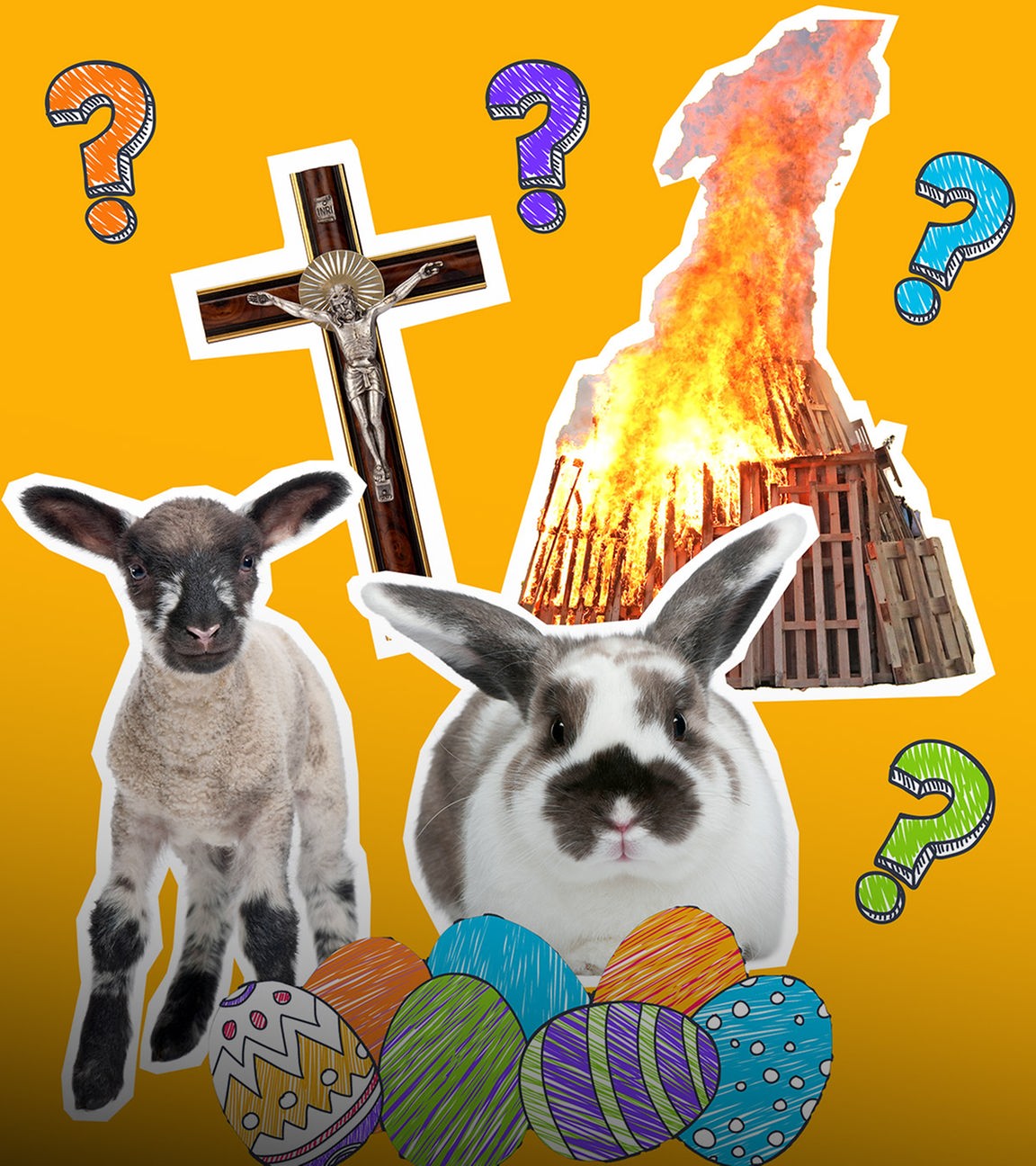 Lamm, Hase, Osterfeuer, Kruzifix und Ostereier auf gelbem Grund mit Fragezeichen