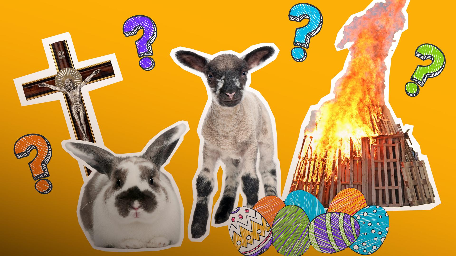 Lamm, Hase, Osterfeuer, Kruzifix und Ostereier auf gelbem Grund mit Fragezeichen