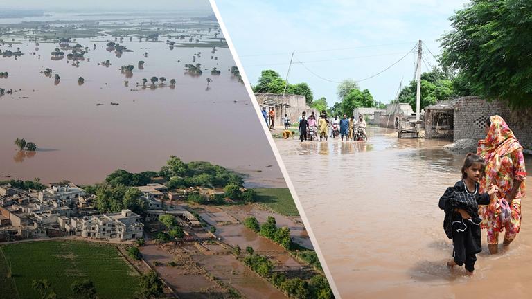 Splitscreen: Übershwemmungen von oben und Menschen, die durch das Wasser waten