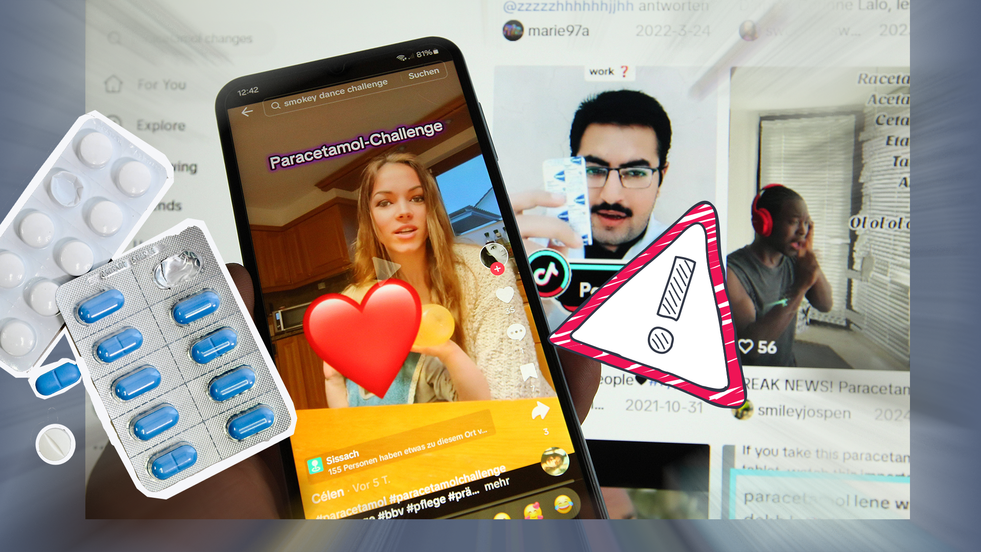 Paracetamol-Challenge auf Tiktok mit Tabletten und Warnschild.