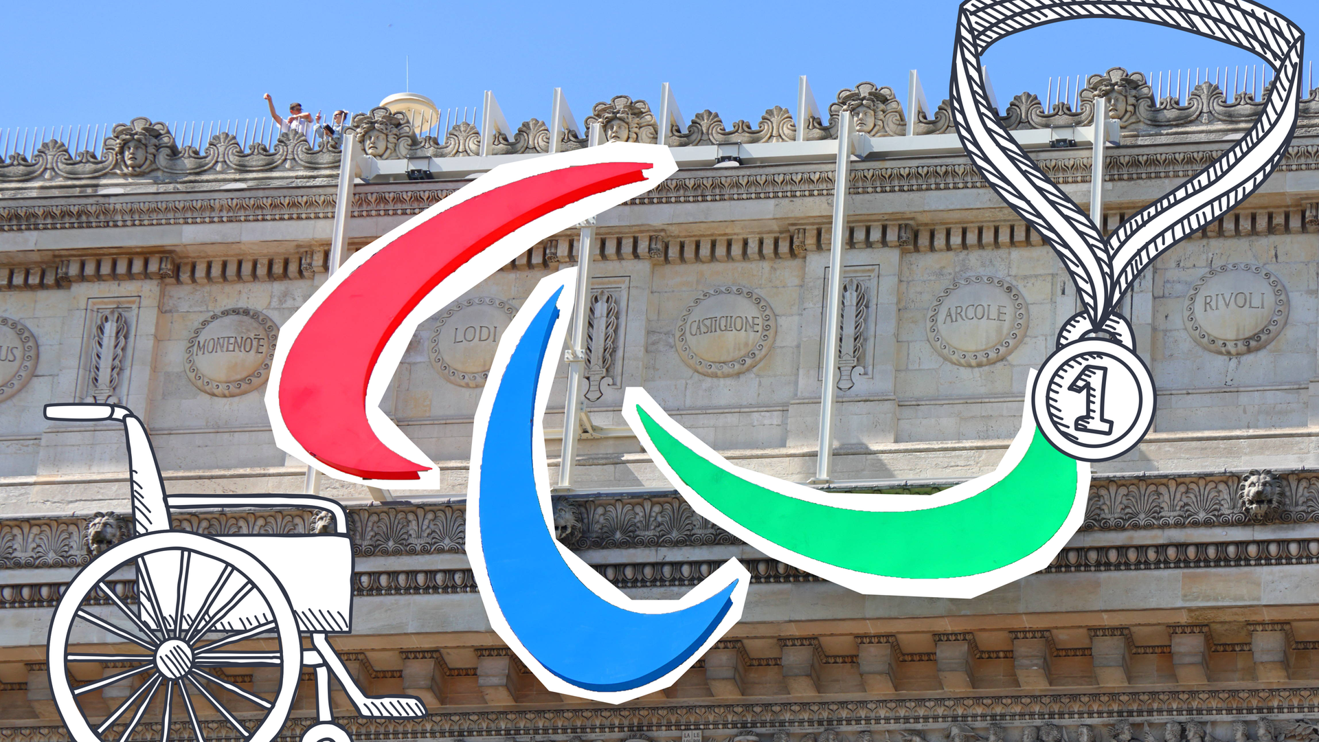 Paris, Logo der Paralympics, Rollstuhl und Medaille