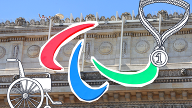 Paris, Logo der Paralympics, Rollstuhl und Medaille