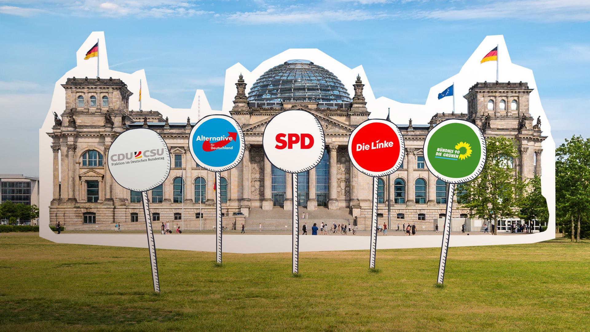 Reichstagsgebäude mit einzelnen Parteien auf Schildern 