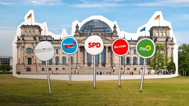 Reichstagsgebäude mit einzelnen Parteien auf Schildern 