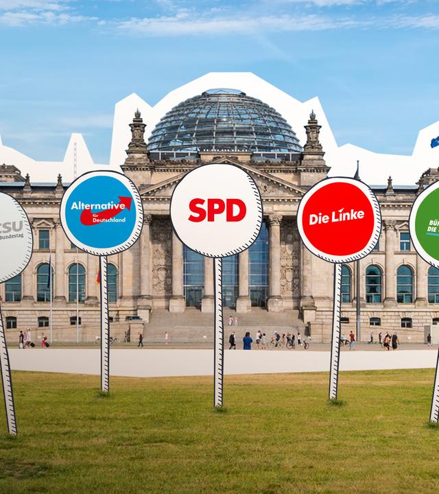Reichstagsgebäude mit einzelnen Parteien auf Schildern 