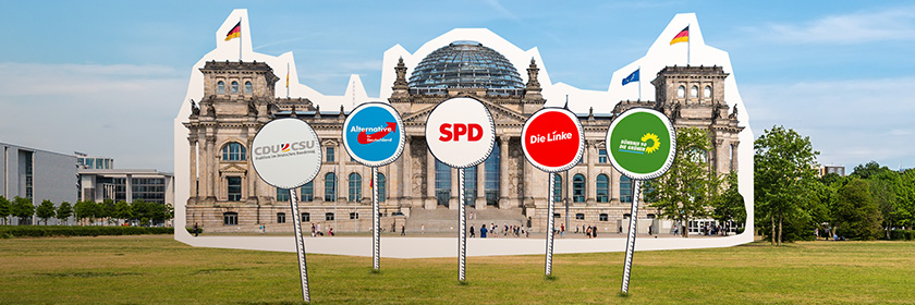 Reichstagsgebäude mit einzelnen Parteien auf Schildern 