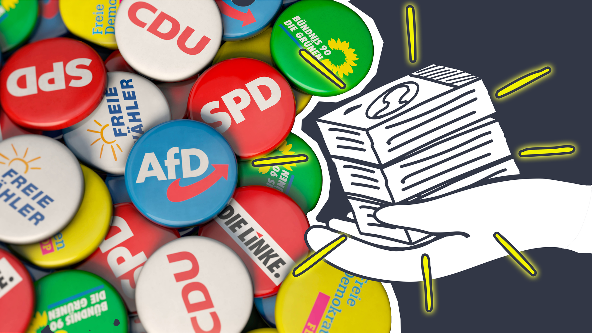 Logos aus Buttons vieler Parteien, dazu eine grafische Hand mit viel Geld.