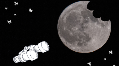 Fotomontage: Ein gezeichnetes Fernglas zeigt auf den Mond, an dem eine Ecke angeknabbert ist.