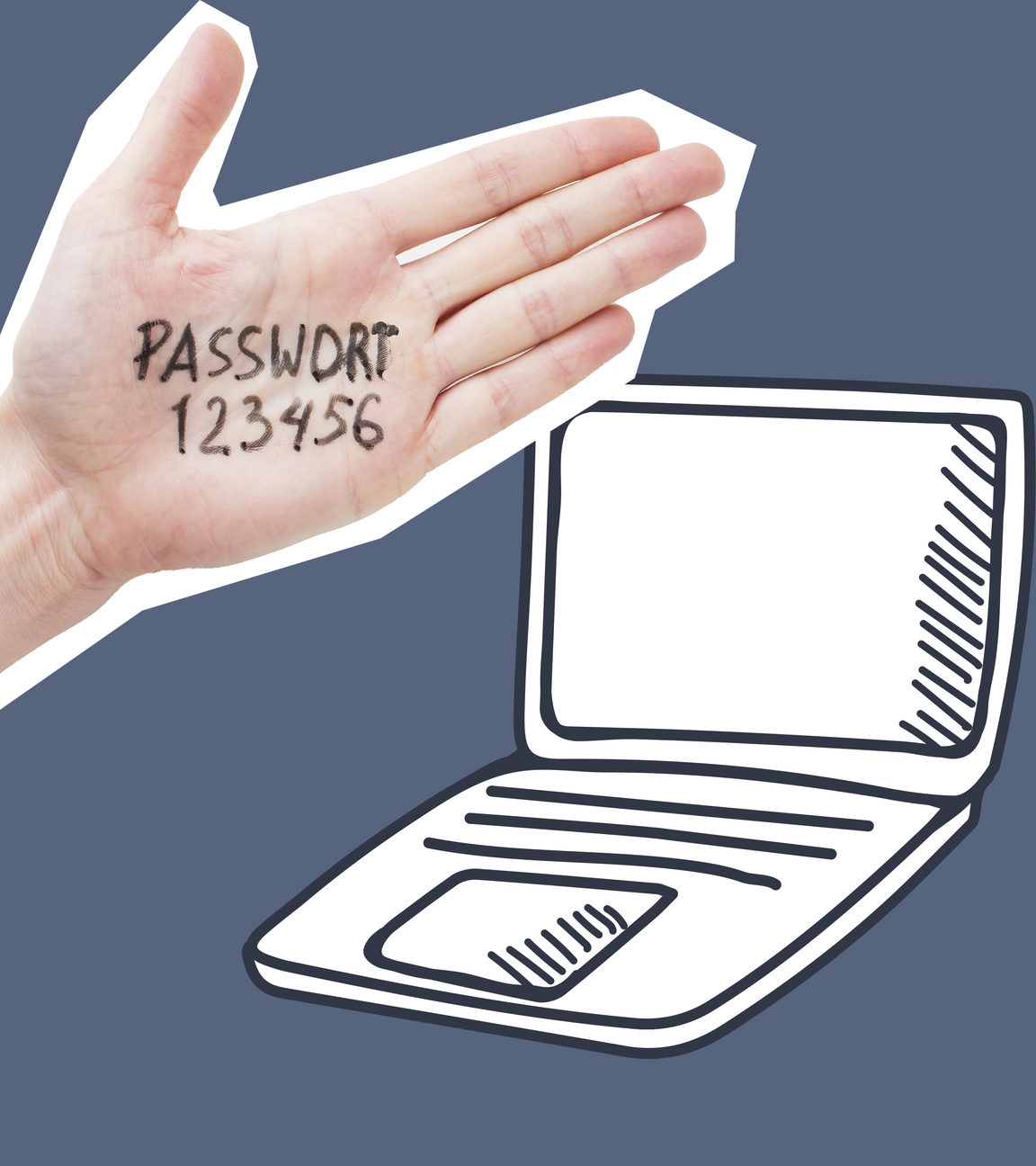 Hand mit Passwort 123456 und Computer