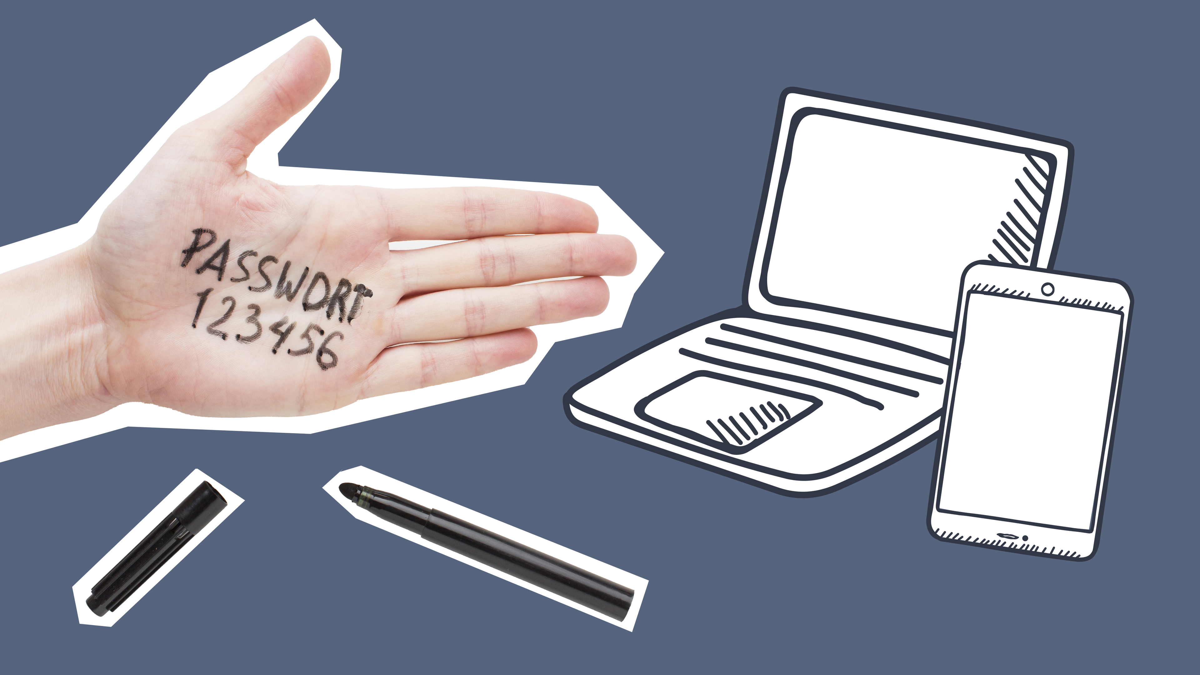 Hand mit Passwort 123456 und Computer