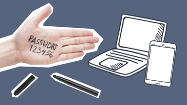 Hand mit Passwort 123456 und Computer