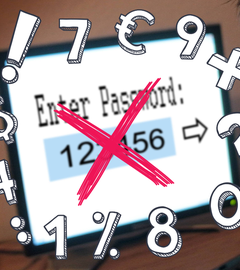 Junge sitzt vor Computer mit Passworteingabe. 123456 durchgestrichen, viele andere Zeichen drumherum.
