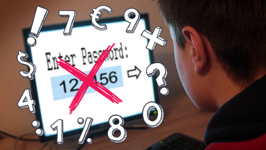 Junge sitzt vor Computer mit Passworteingabe. 123456 durchgestrichen, viele andere Zeichen drumherum.