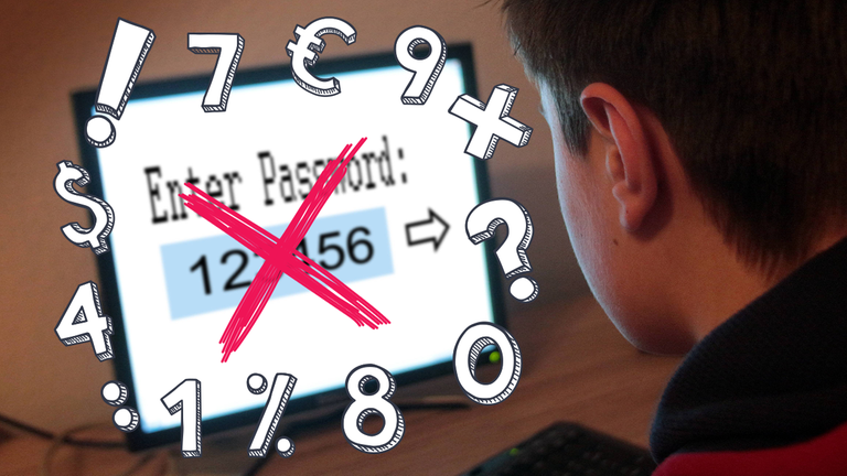 Junge sitzt vor Computer mit Passworteingabe. 123456 durchgestrichen, viele andere Zeichen drumherum.