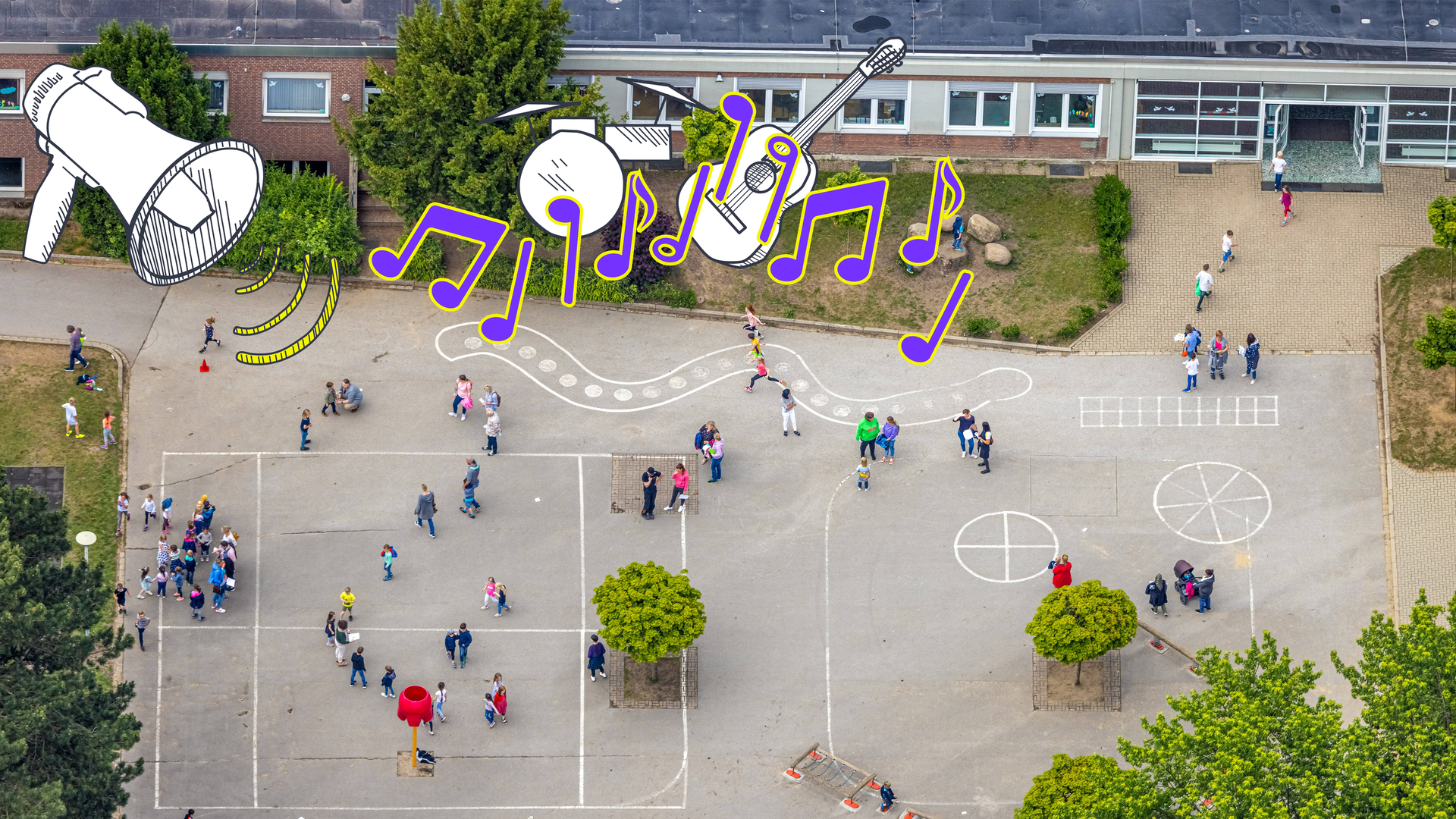 Ein Pausenhof und dazu Grafiken mit Lautsprecher und Musik.