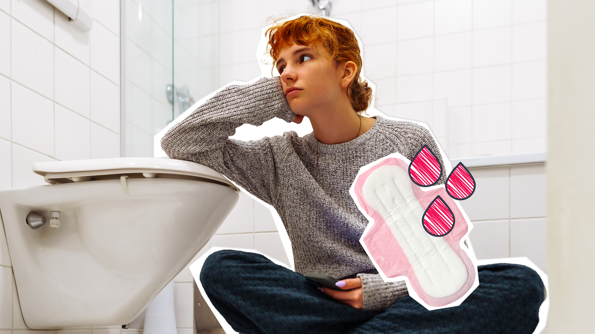 Ein Mädchen sitzt vor der Toilette mit Schmerzen.