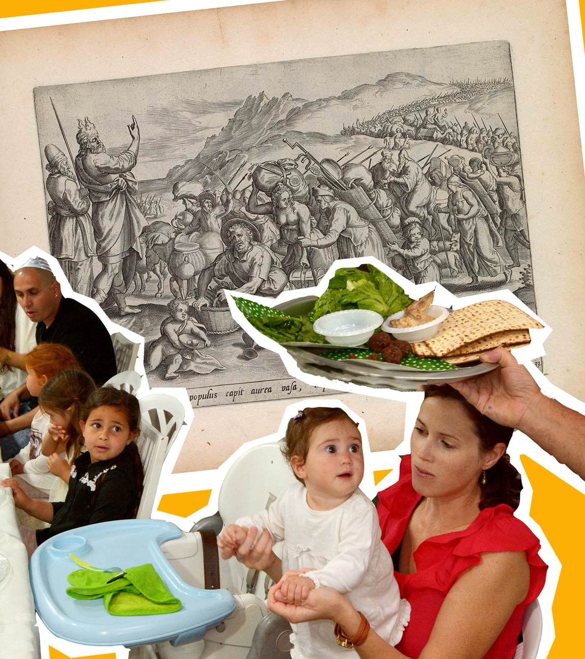 Eine Familie feiert Pessach, Mann bringt Mazza herein, im Hintergrund Bild von Moses