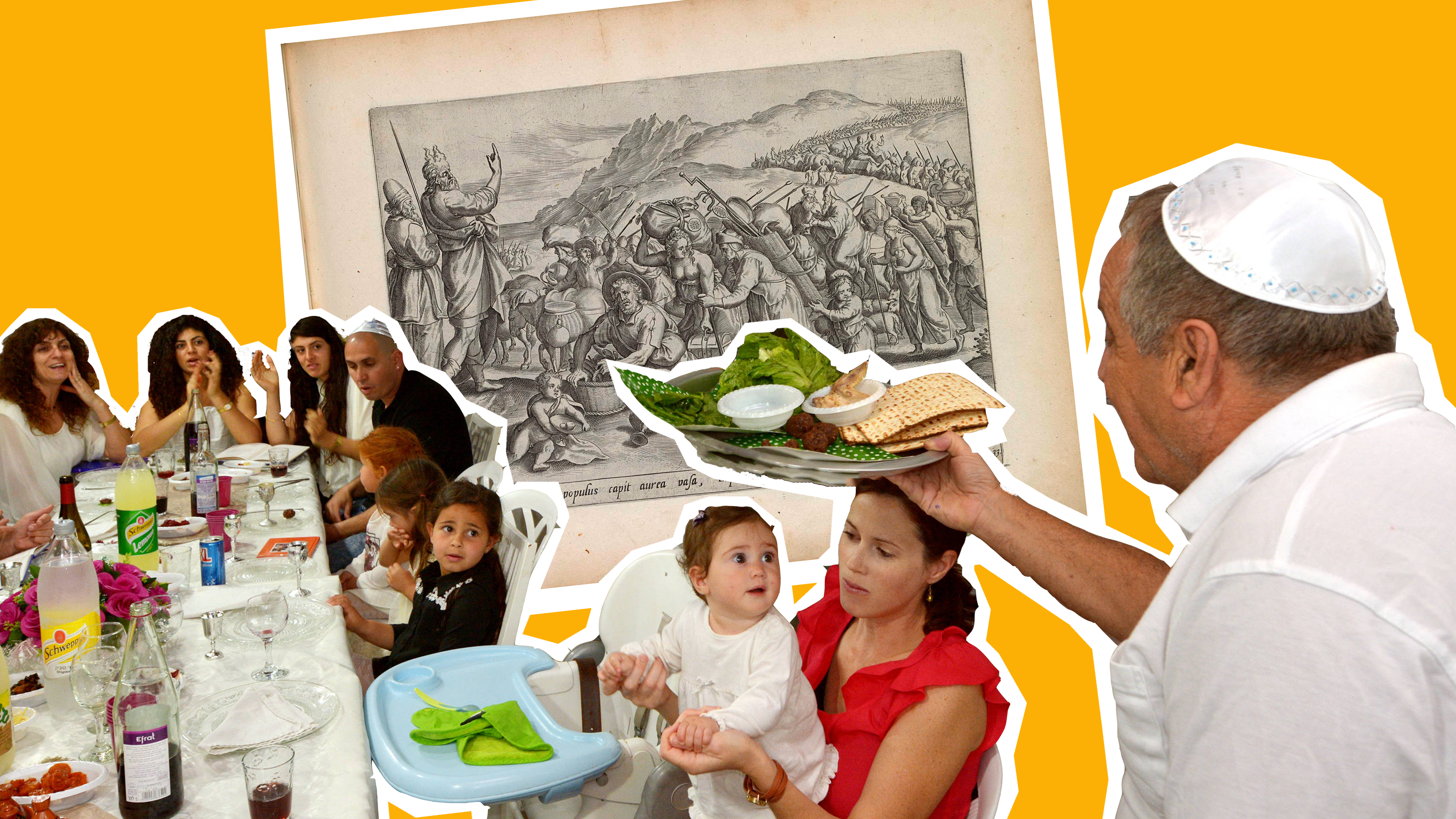 Eine Familie feiert Pessach, Mann bringt Mazza herein, im Hintergrund Bild von Moses
