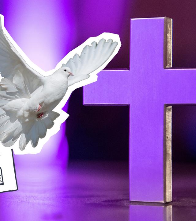 Eine Taube, ein Kreuz und eine Kirche