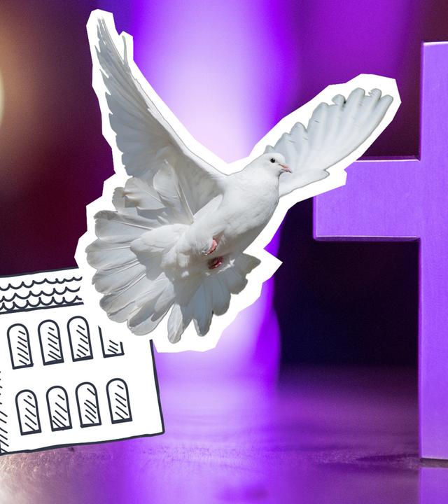 Eine Taube, ein Kreuz und eine Kirche
