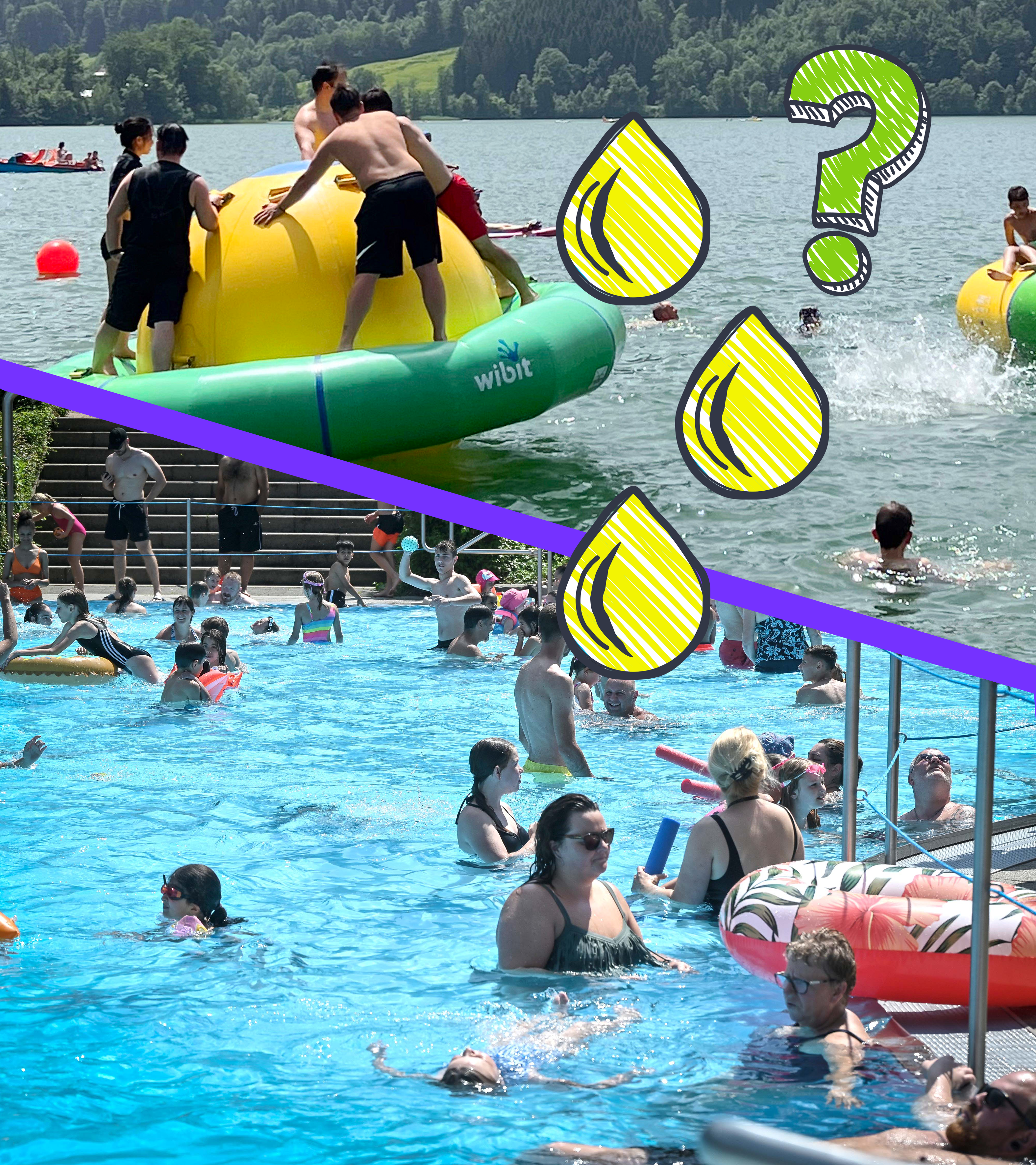 Badesee und Schwimmbad, grafisches Urin und Fragezeichen