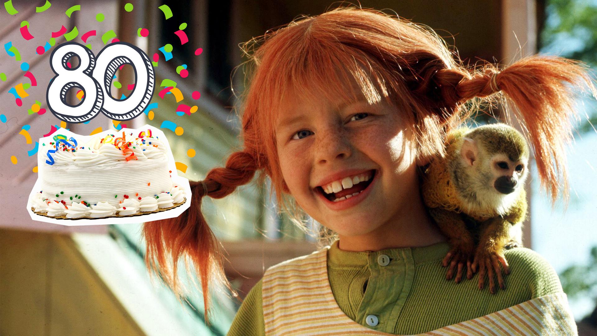 Pippi Langstrumpf mit ihrem Äffchen auf der Schulter, daneben Torte mit 80 und Konfetti