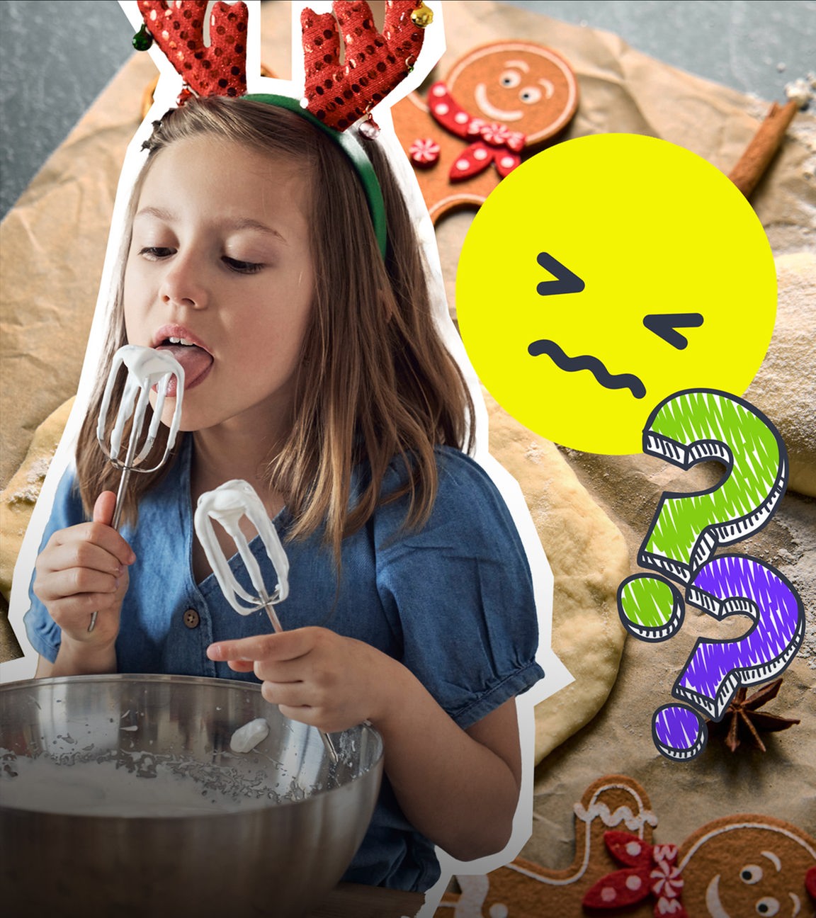 Kind nascht Plätzchenteig, im Hintergrund ausgerollter Teig