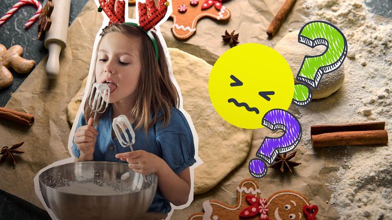 Kind nascht Plätzchenteig, im Hintergrund ausgerollter Teig