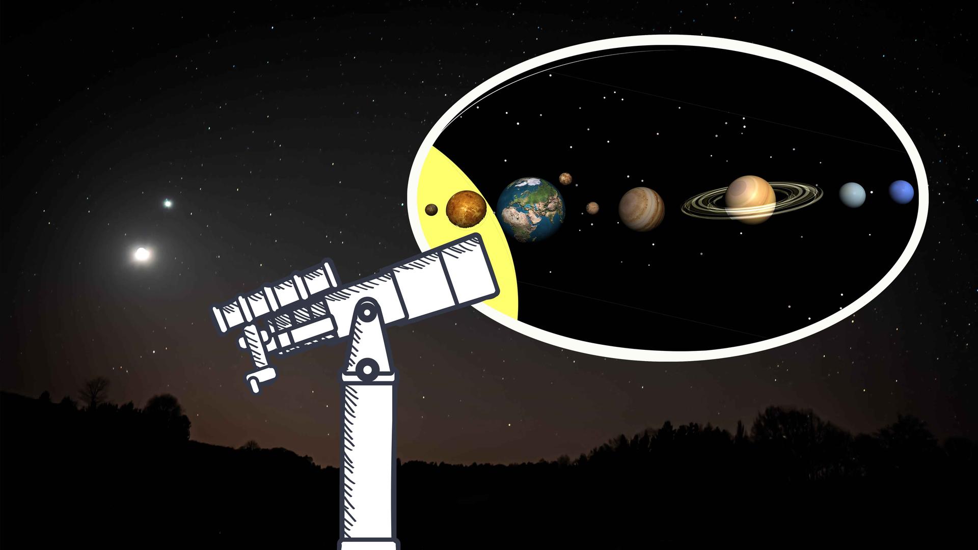 Alle sieben Planeten sind am Sternenhimmel zu sehen.