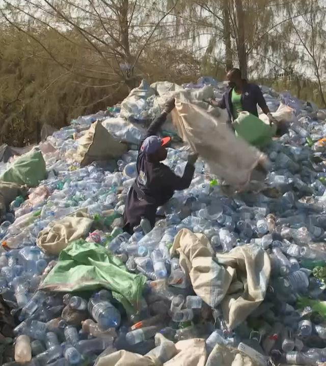 Drei Personen sortieren Müll auf einem riesigen Berg leerer Plastikflaschen