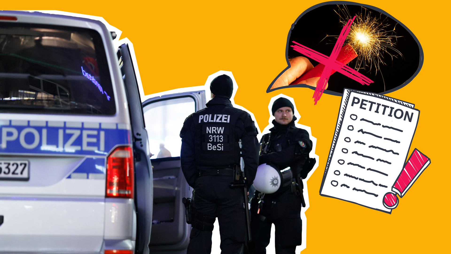 Polizei mit Sprechblase mit Grafik aus durchgestrichenen Böller und Petition