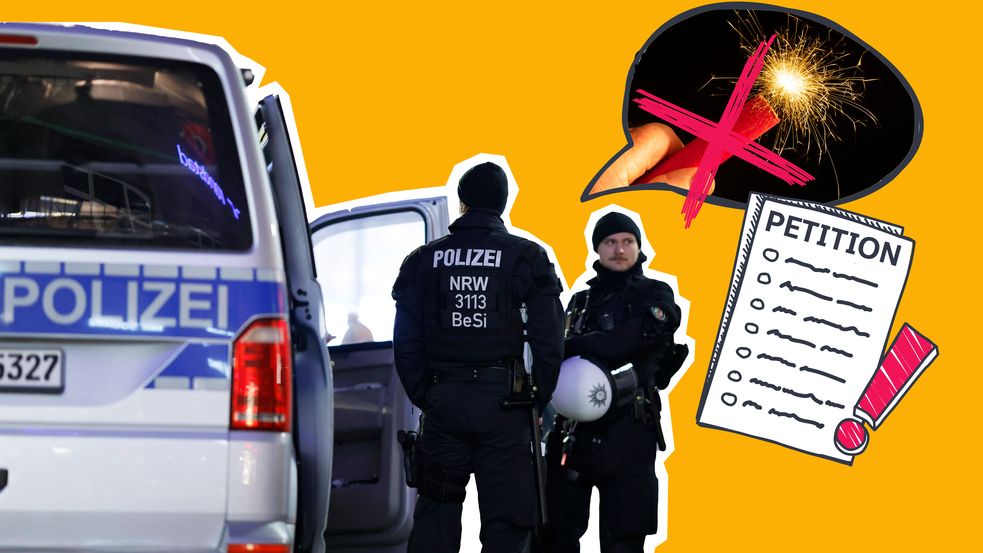 Polizei mit Sprechblase mit Grafik aus durchgestrichenen Böller und Petition
