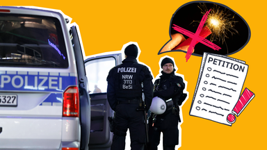 Polizei mit Sprechblase mit Grafik aus durchgestrichenen Böller und Petition