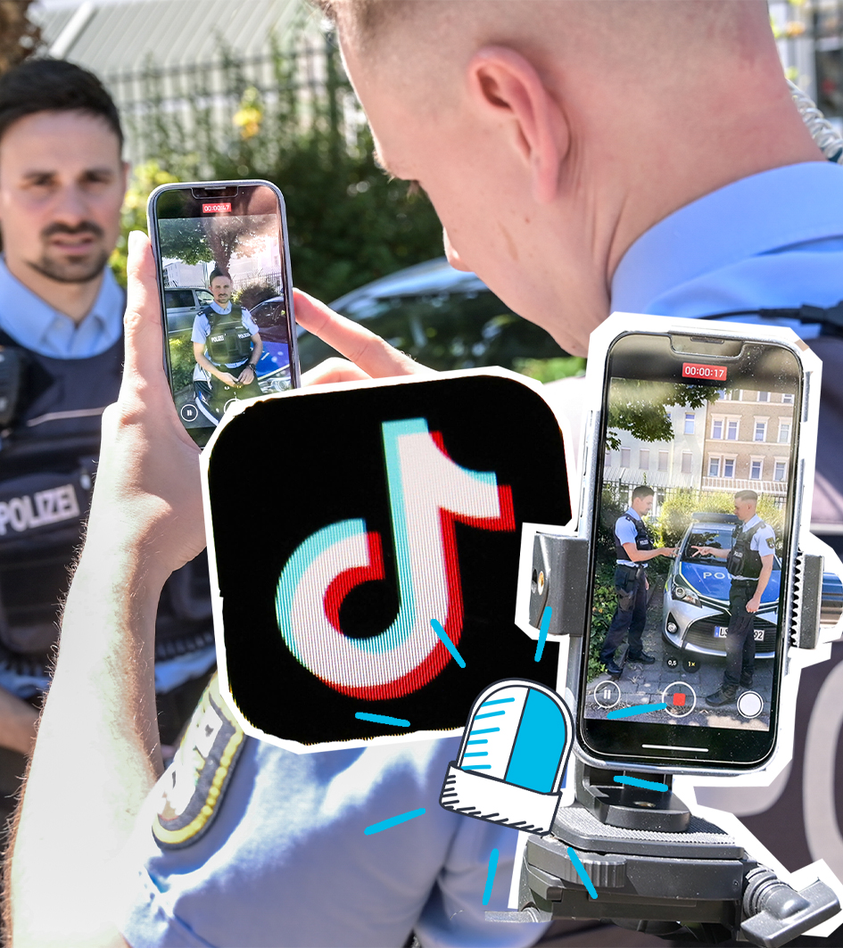 Polizisten filmen mit Handy, Grafik von TikTok und von Blaulicht.