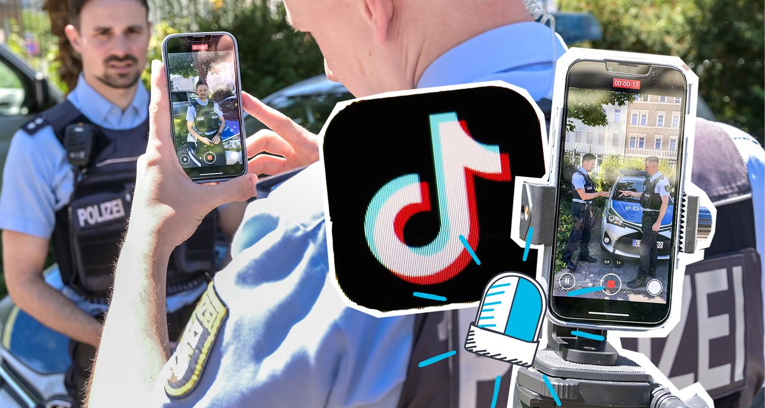 Polizisten filmen mit Handy, Grafik von TikTok und von Blaulicht.